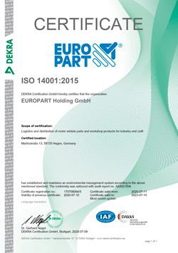 Сертификат соответствия СМК EUROPART Holding GmbH стандарту ISO 14001:2015
