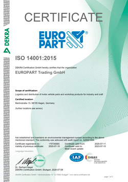 Сертификат соответствия СМК EUROPART Trading GmbH стандарту ISO 14001:2015
