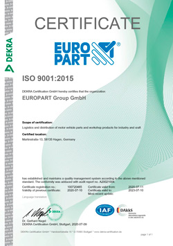 Сертификат соответствия СМК EUROPART Group GmbH стандарту ISO 9001:2015