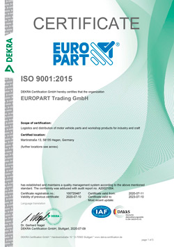 Сертификат соответствия СМК EUROPART Trading GmbH стандарту ISO 9001:2015