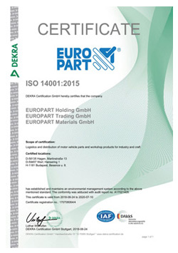 Сертификат соответствия СМК EUROPART стандарту ISO 14001:2015