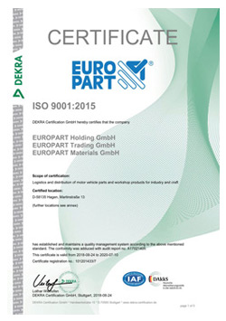 Сертификат соответствия СМК EUROPART стандарту ISO 9001:2015